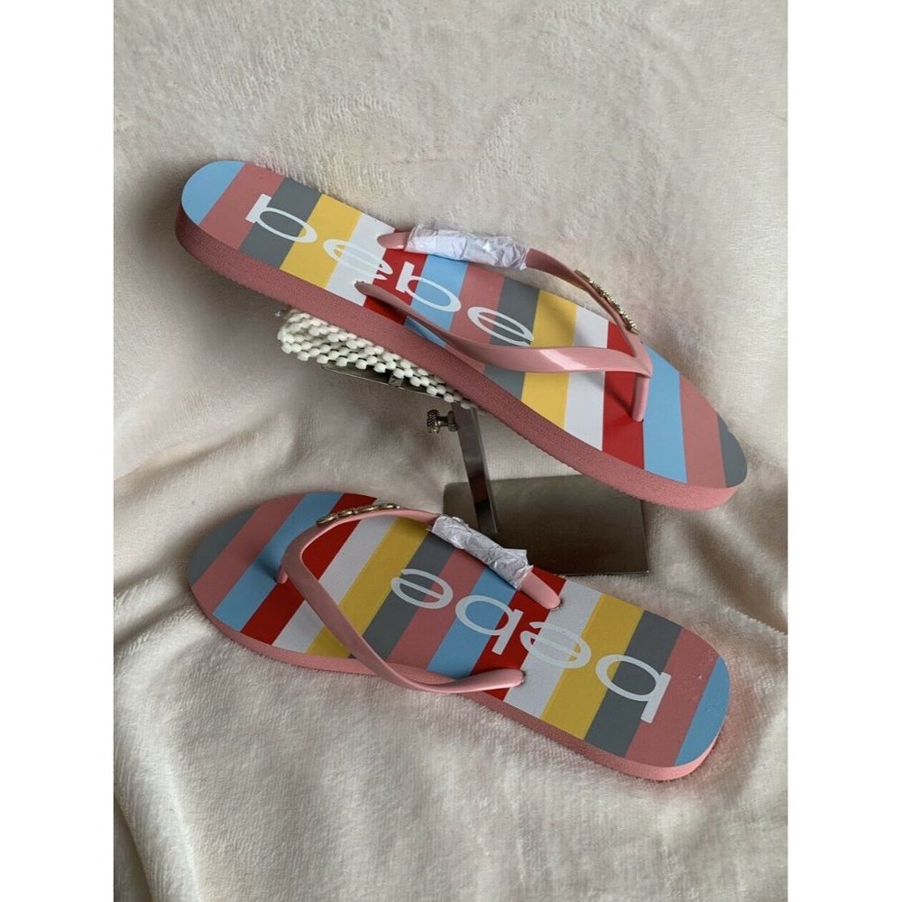 COPY 🌹Women’s Sandals Size 8  MINDEE BEBE LOGO Striped Pink Multi FLIP FLOPS